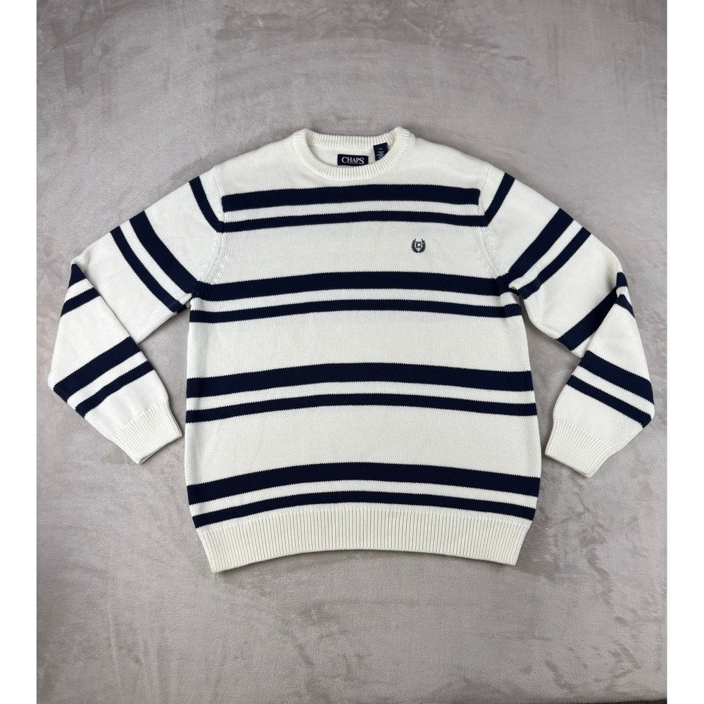 Chaps Mens Cotton Crewneck Sweater Large White Navy Blue Nautical Knit Pullover